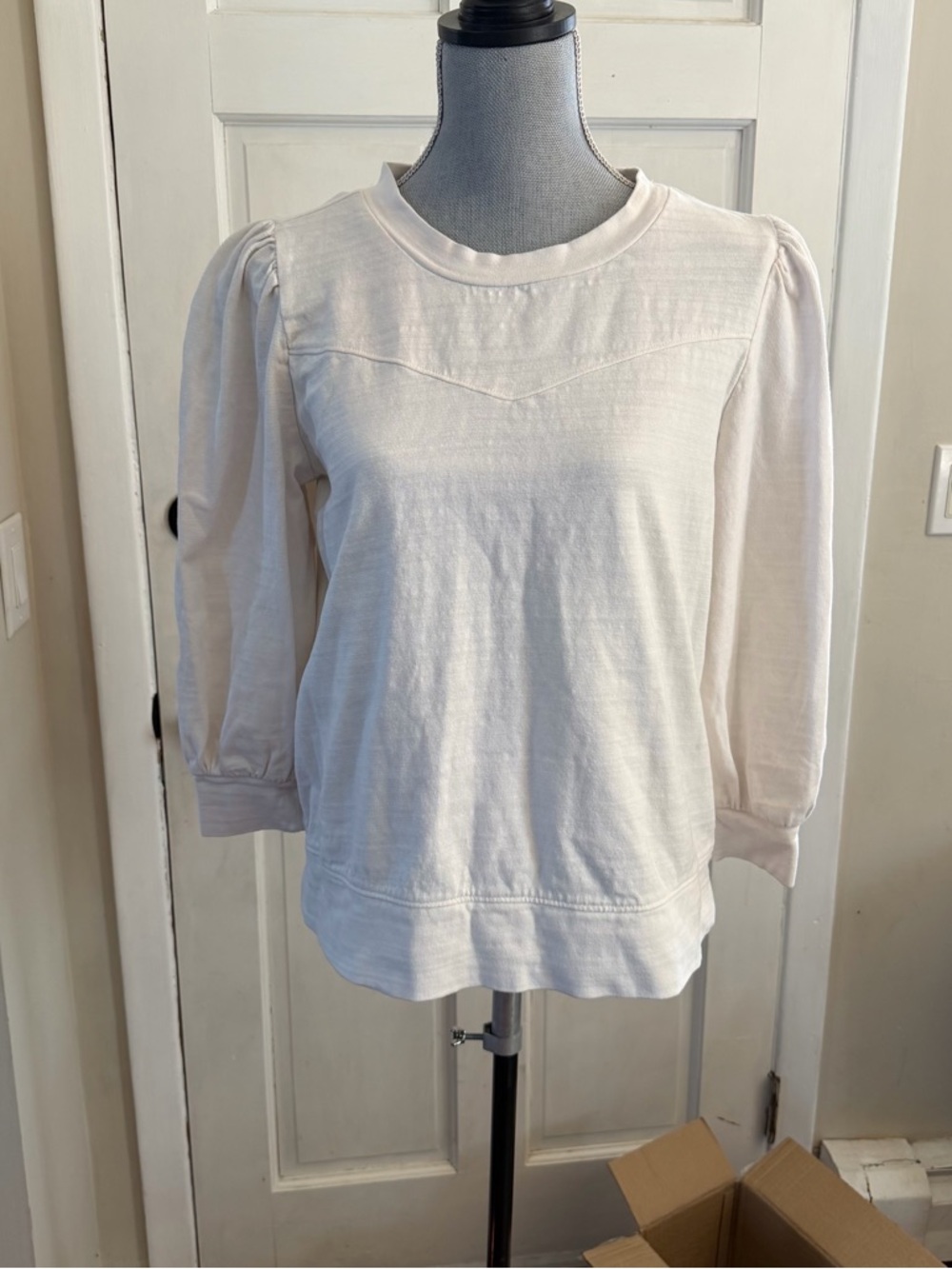 LOFT Cream Puff-Sleeve Crewneck Top in Off-White